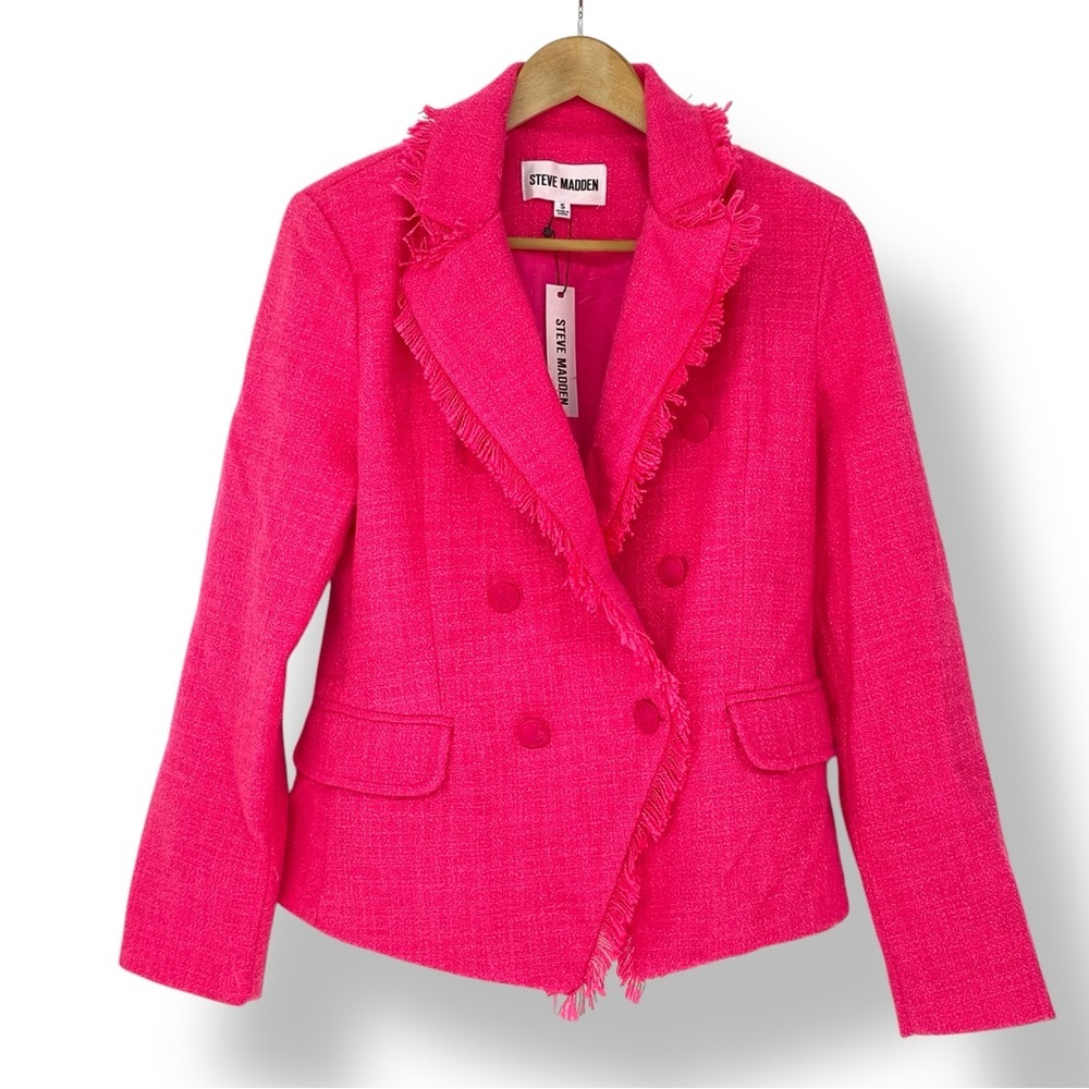 Steve Madden Naomi Hot Pink Fringed Tweed Blazer